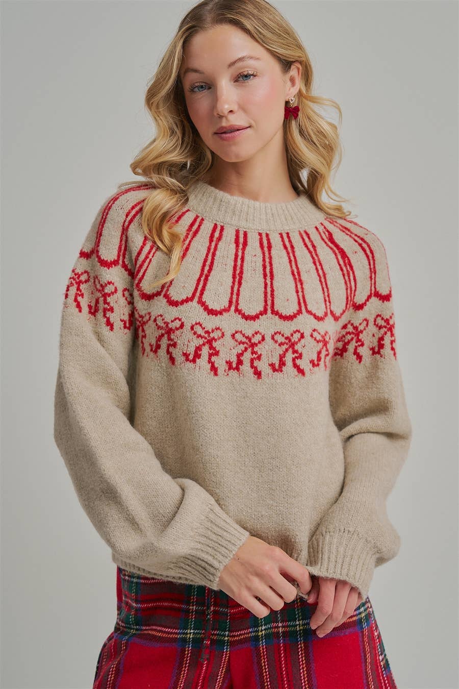 Tied with a Bow Holiday Sweater: Taupe/ Red