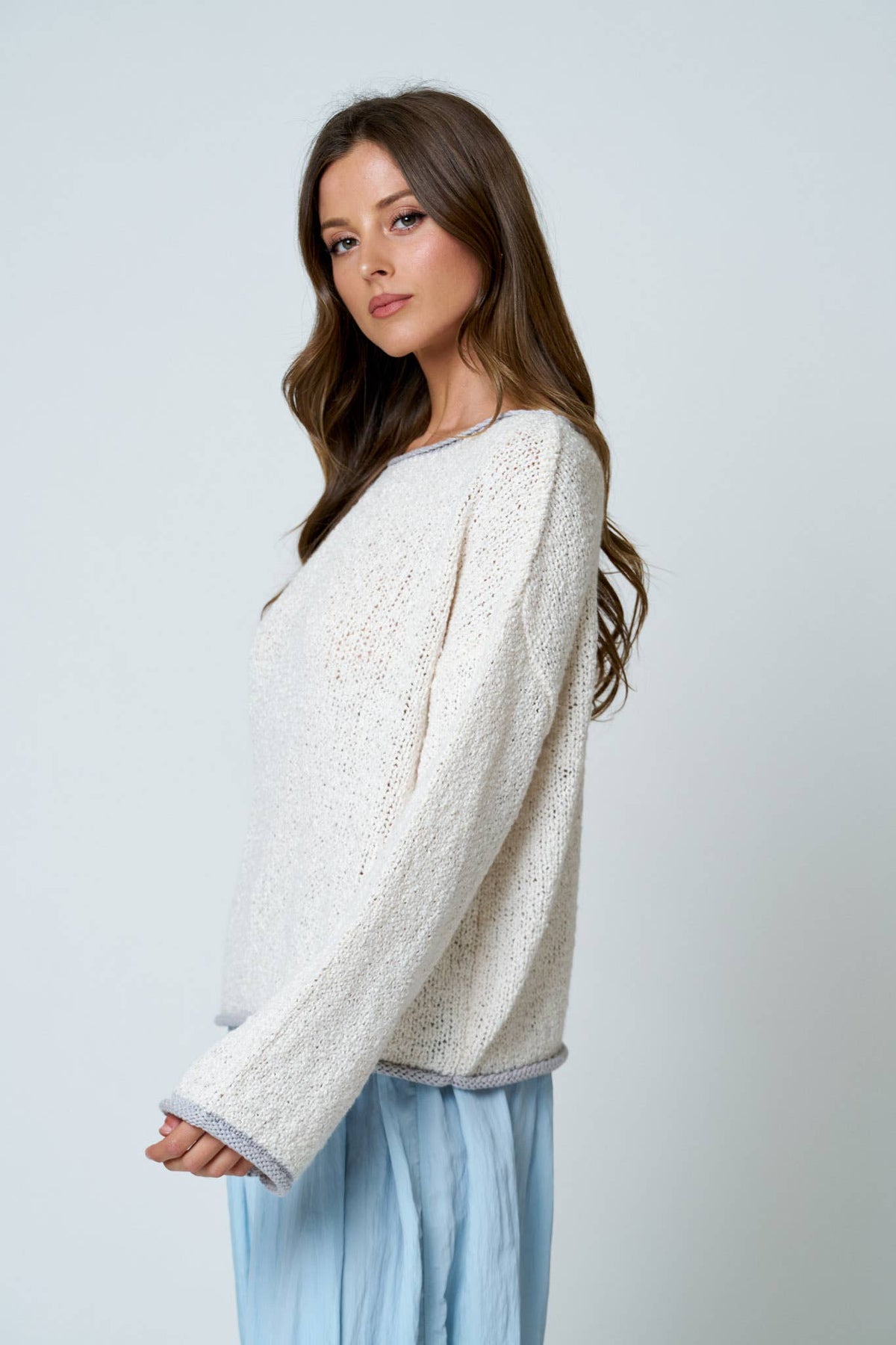 BOAT NECK CONTRAST TRIM LONG SLEEVE KNIT SWEATER : MOCHA