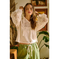 CROCHET LACE BOHO LONG SLEEVE HOODIE TOP: NATURAL / S-M-L(2-2-2)