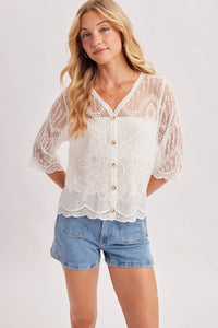 Ivory Embroidered Sheer Lace Button Front Blouse