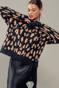 Cora Fuzzy Animal Print Crew Sweater: Black