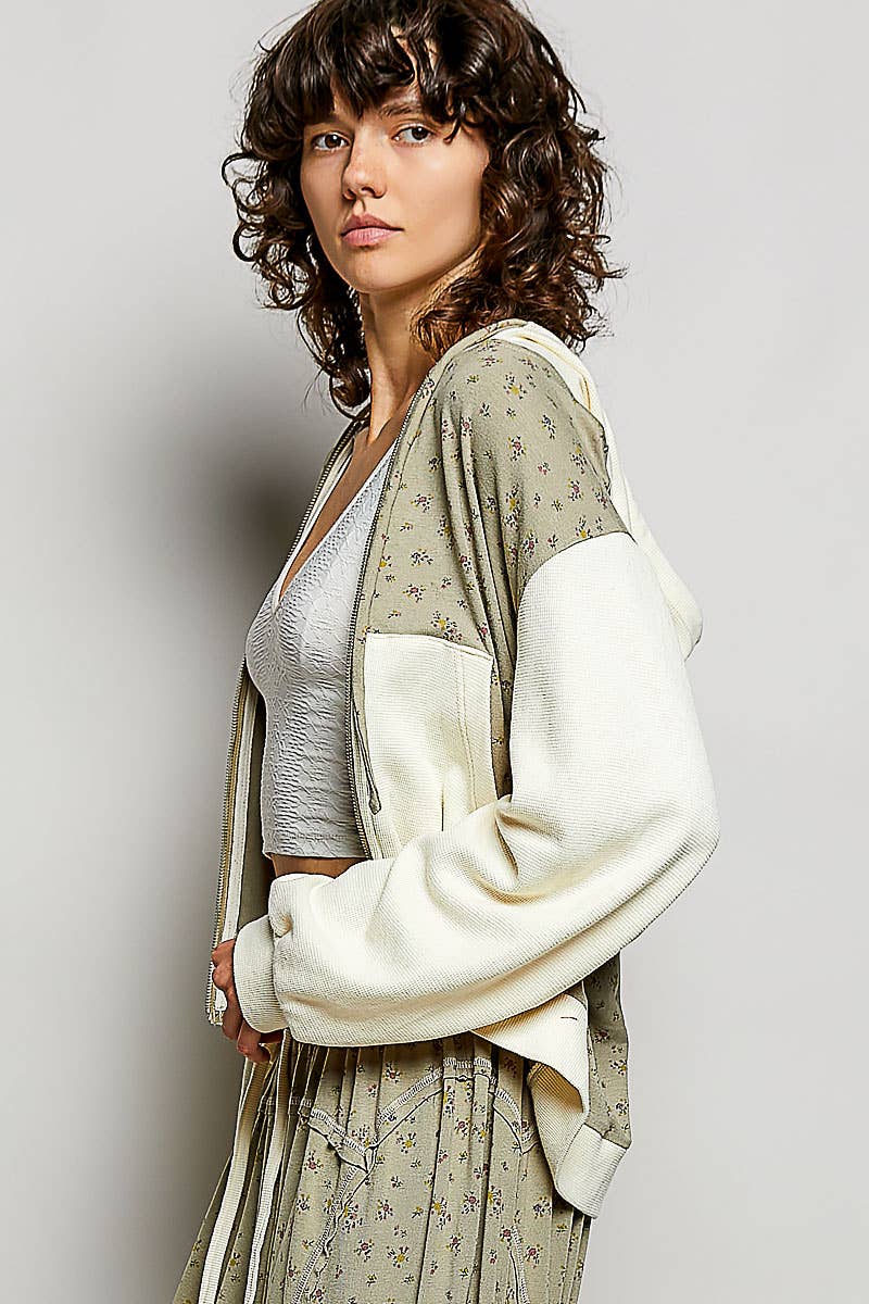 The Wildflower Weekend Hoodie: Sage Floral Print Thermal Patch Hoodie – Long Sleeve Knit Regular Fit Top