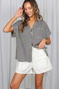 Collared Short Roll-Up Sleeve Button-Down Shirt VT83098: Brown / M