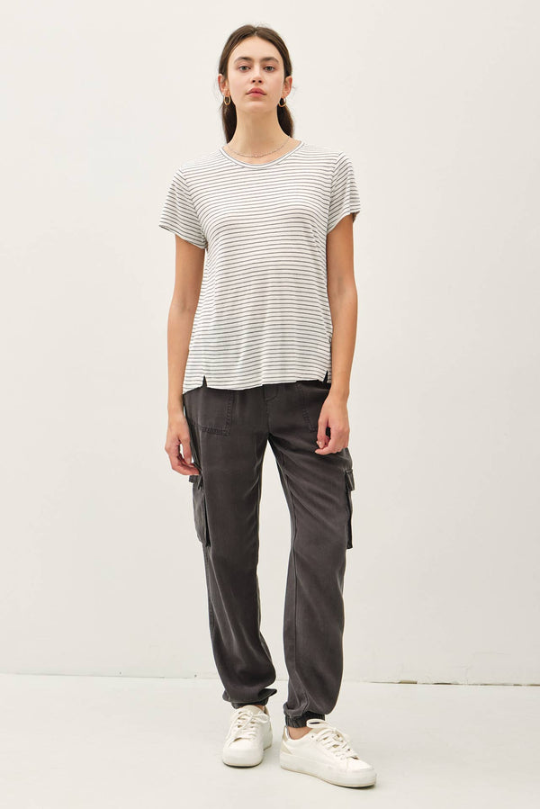 The Brighton Cotton Linen Striped Tee: Charcoal – Lightweight Relaxed Everyday T-Shirt for Women
