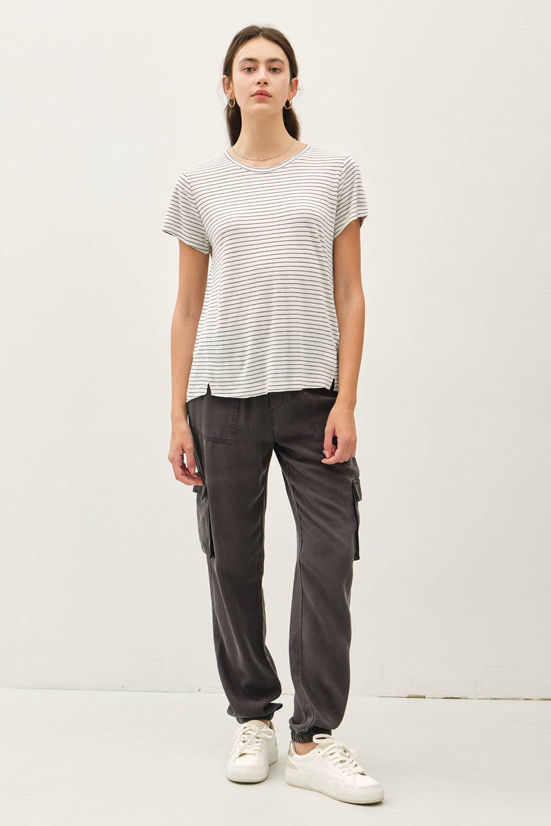 The Brighton Cotton Linen Striped Tee: Charcoal – Lightweight Relaxed Everyday T-Shirt for Women