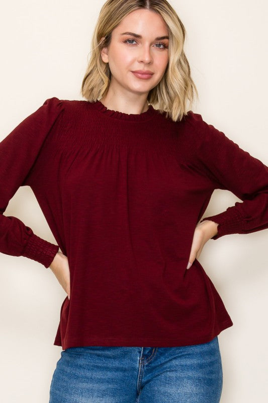 Clara Smocked High Neck Long Sleeve Top – Ruffle Detail Blouse