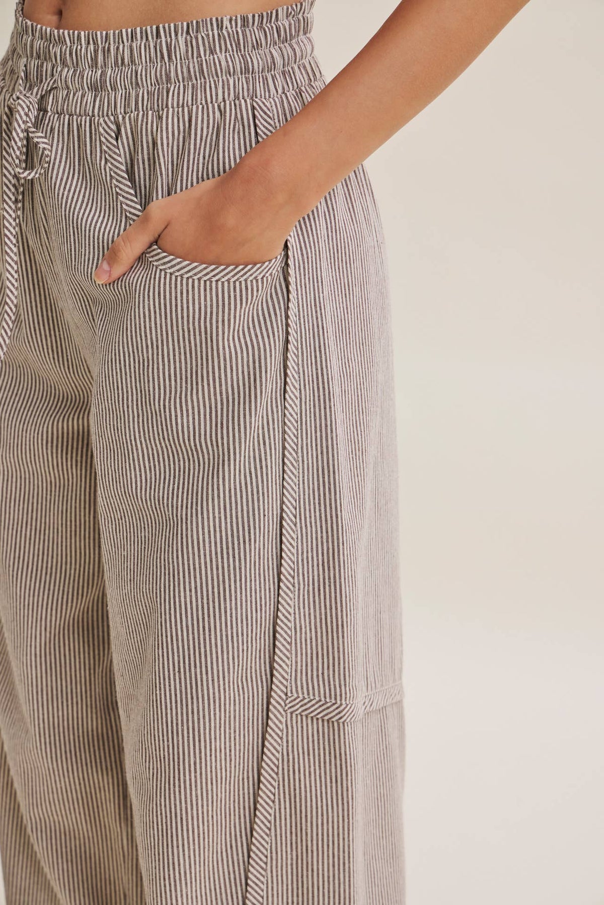 ALL ABOUT COMFORT ELASTIC STRIPE COTTON BARREL PANTS: DK. GREEN / M
