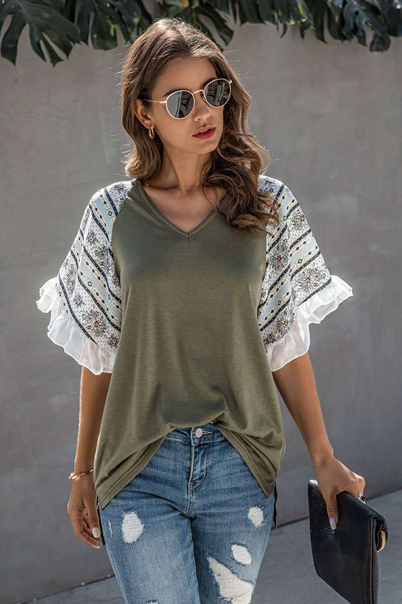 Nik Boho Ruffle Sleeve Top: Olive