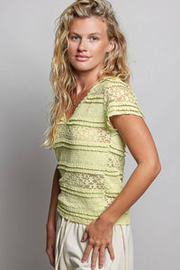 Feminine Lace V Neck Short Sleeve Top Trim Raw Edge: CREAM / S