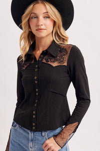 Dakota Rose Western Embroidered Mesh Button Front Top: Black