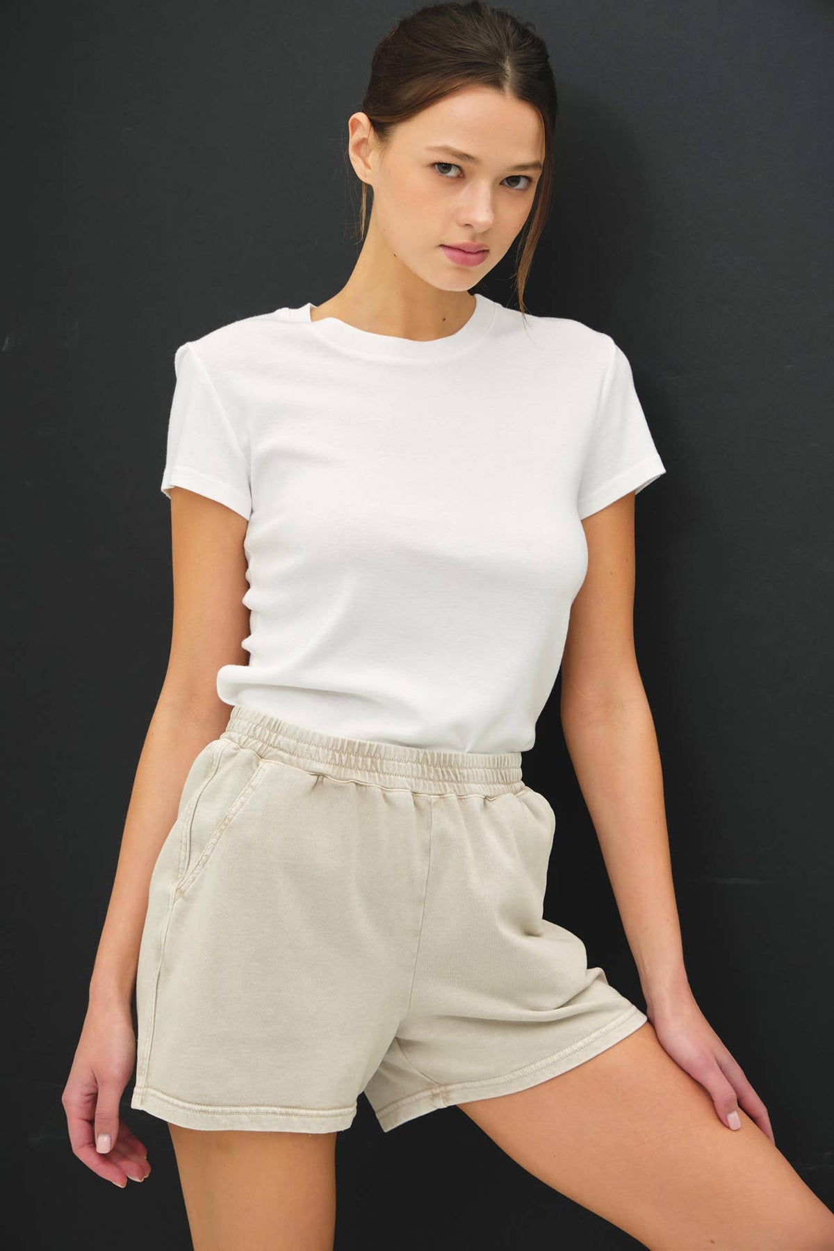 The Piper Pull On Shorts: Stone  – Soft High Rise Elastic Waist Everyday Shorts