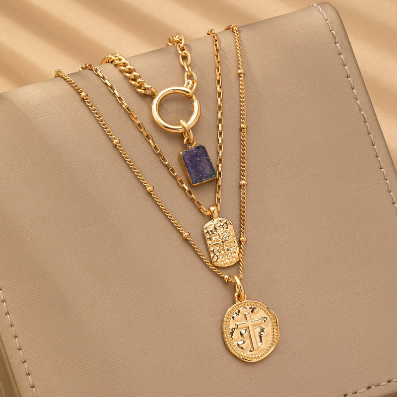 Gold Multi Layer Celestial Cross Necklace – Blue Geometric Stone Charm Necklace