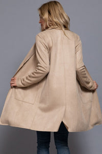 Maribel Faux Suede Open Front Jacket – Longline Blazer Coat with Pockets