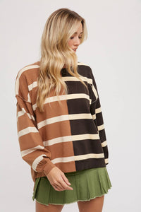 Nikki Striped Color Block Sweater: Mocha Combo