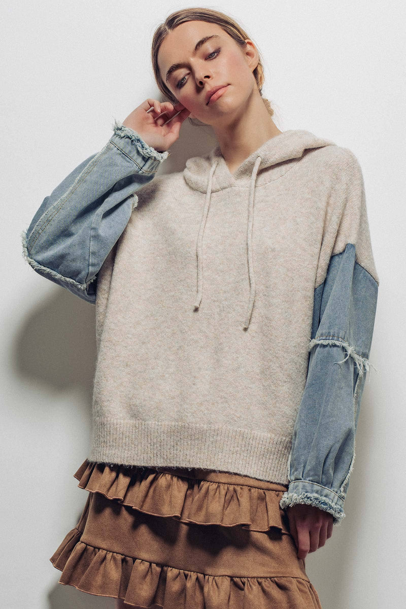 Snowfall Patchwork Hoodie – Mixed-Media Knit & Denim Sleeve Pullover | Northern Belle Boutique