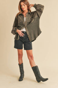 The Judie Mixed Media Vintage Wash Jacket : Charcoal – Relaxed Button Front Layering Shacket for Women