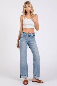 Sawyer Low Rise Baggy Straight Jeans – Light Wash Cuffed Denim with Soft Stretch