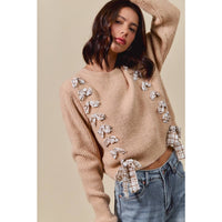 Harper Plaid Bow Detail Sweater: Taupe