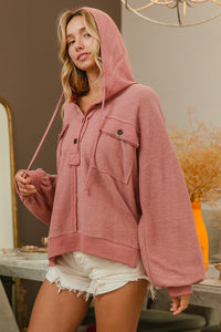 Eliza Button Detail French Terry Hoodie: Mauve