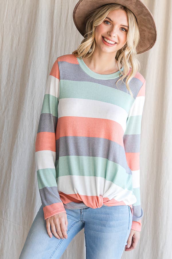 Polly Spring Stripe Ribbed Long Sleeve Casual Top: Coral/Multi