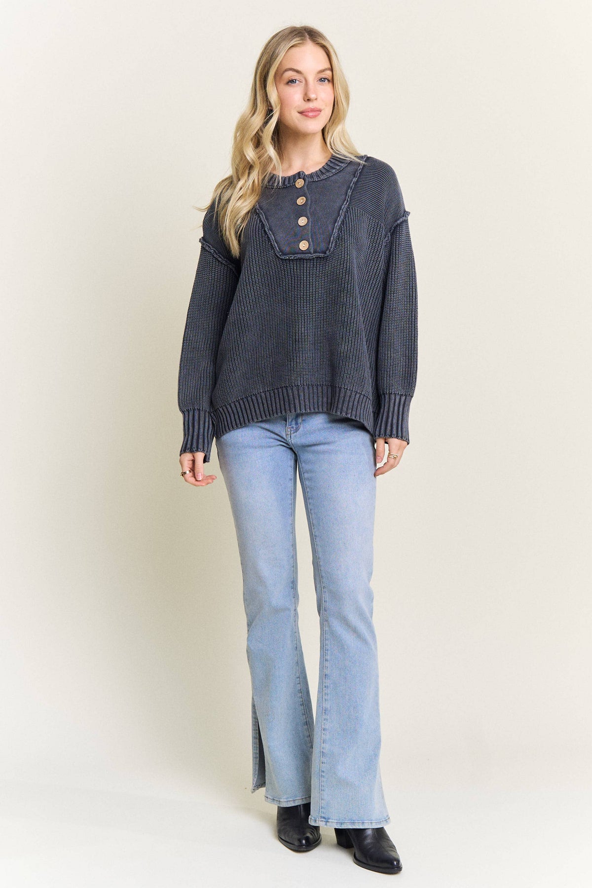 Worth a Look Cotton Henley Sweater: Navy