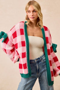 Holly Jolly Check Knit Cardigan – Pink & Red Plaid Christmas Sweater with Ribbon Detail