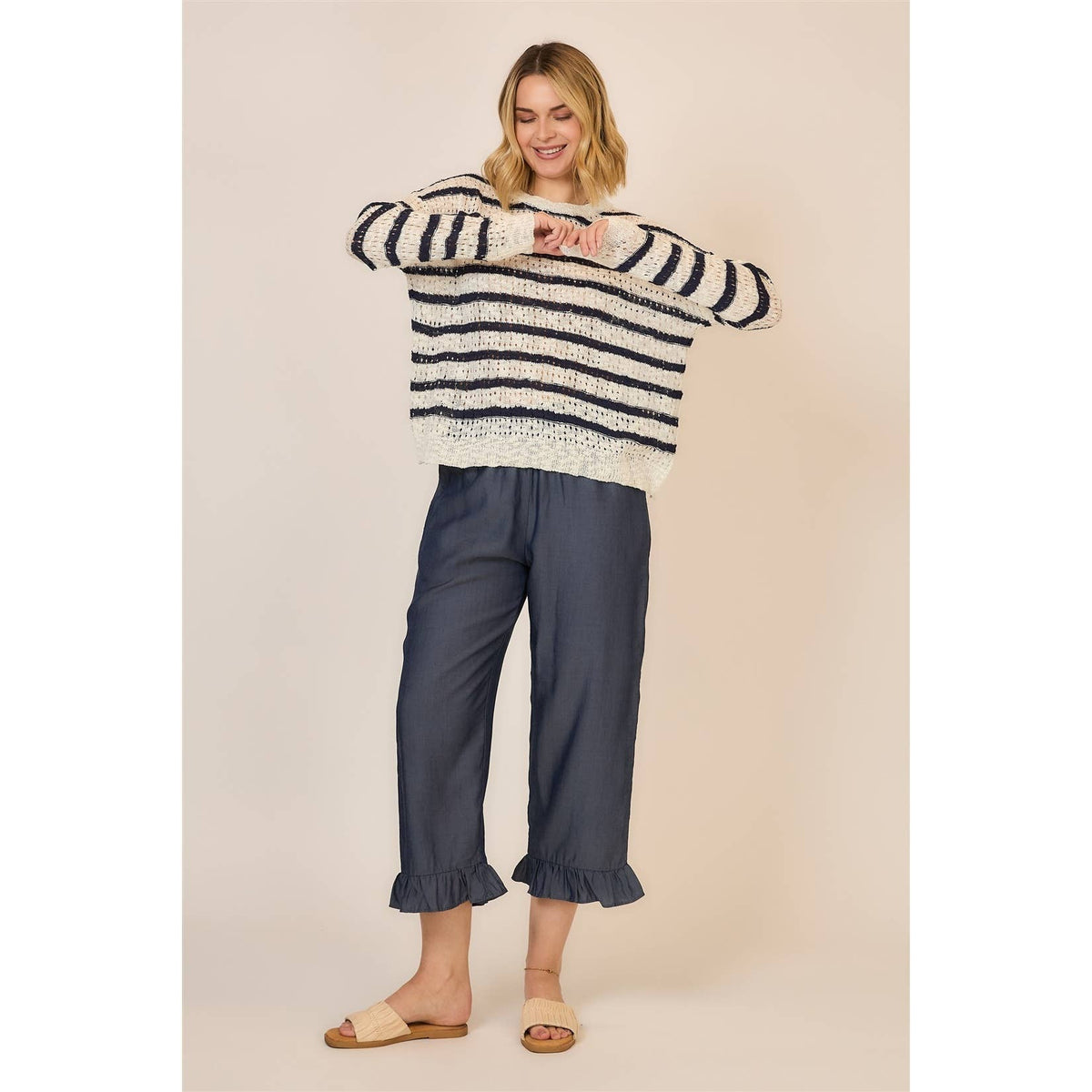Classic Stripe Open Knit Sweater: Off White/Navy