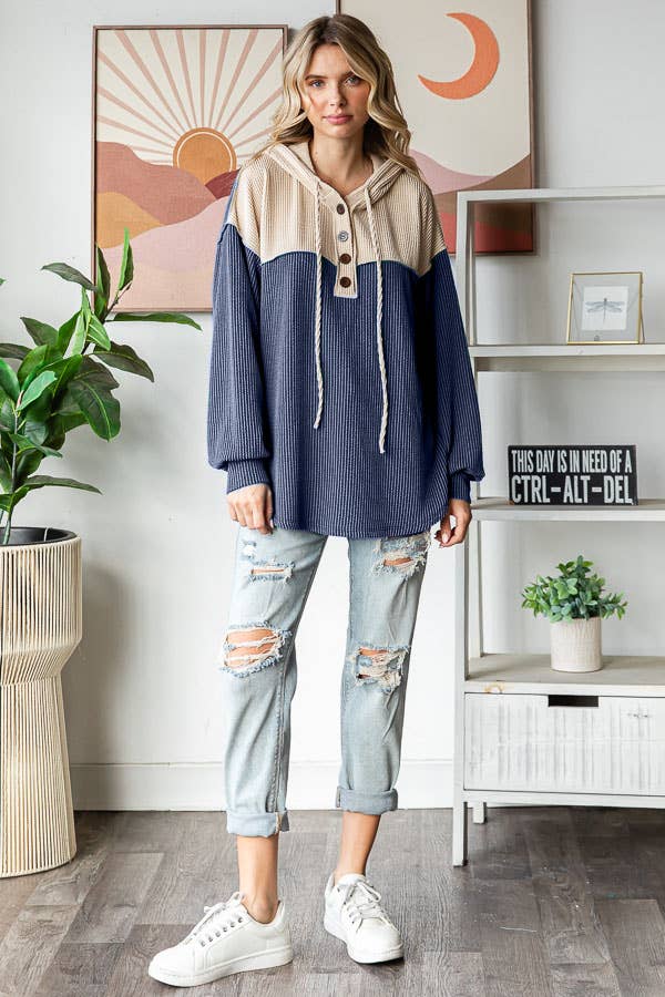 Elena Ribbed Button Front Hoodie – Colorblock Knit Pullover with Bishop Sleeves