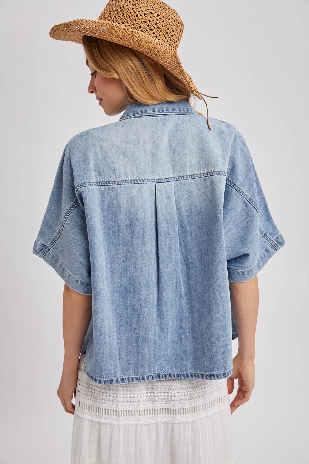 Della Denim Short Sleeve Boxy Top: Light Wash