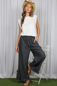 Trim Embellished Detail 100%Cotton Sleeveless Top VT83322: Black / M