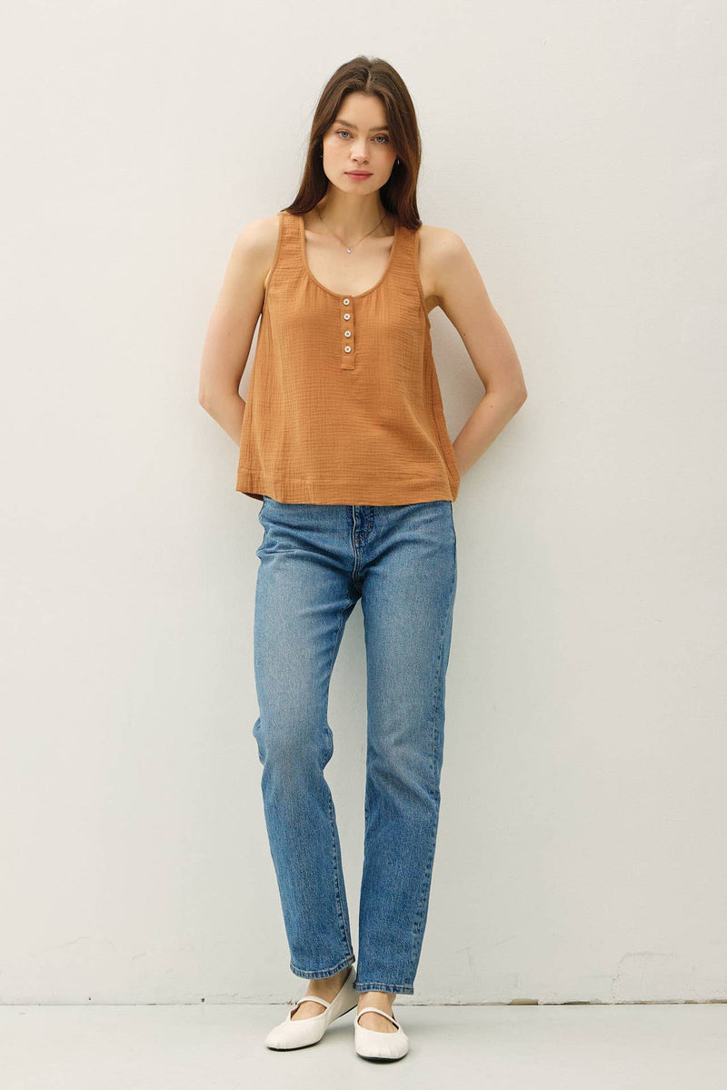 The Gracelyn Gauze Henley Tank – Lightweight Cotton & Effortless Style