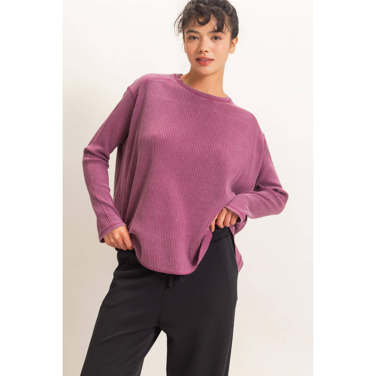 Slow Mornings Waffle Knit Top: Cream Taupe