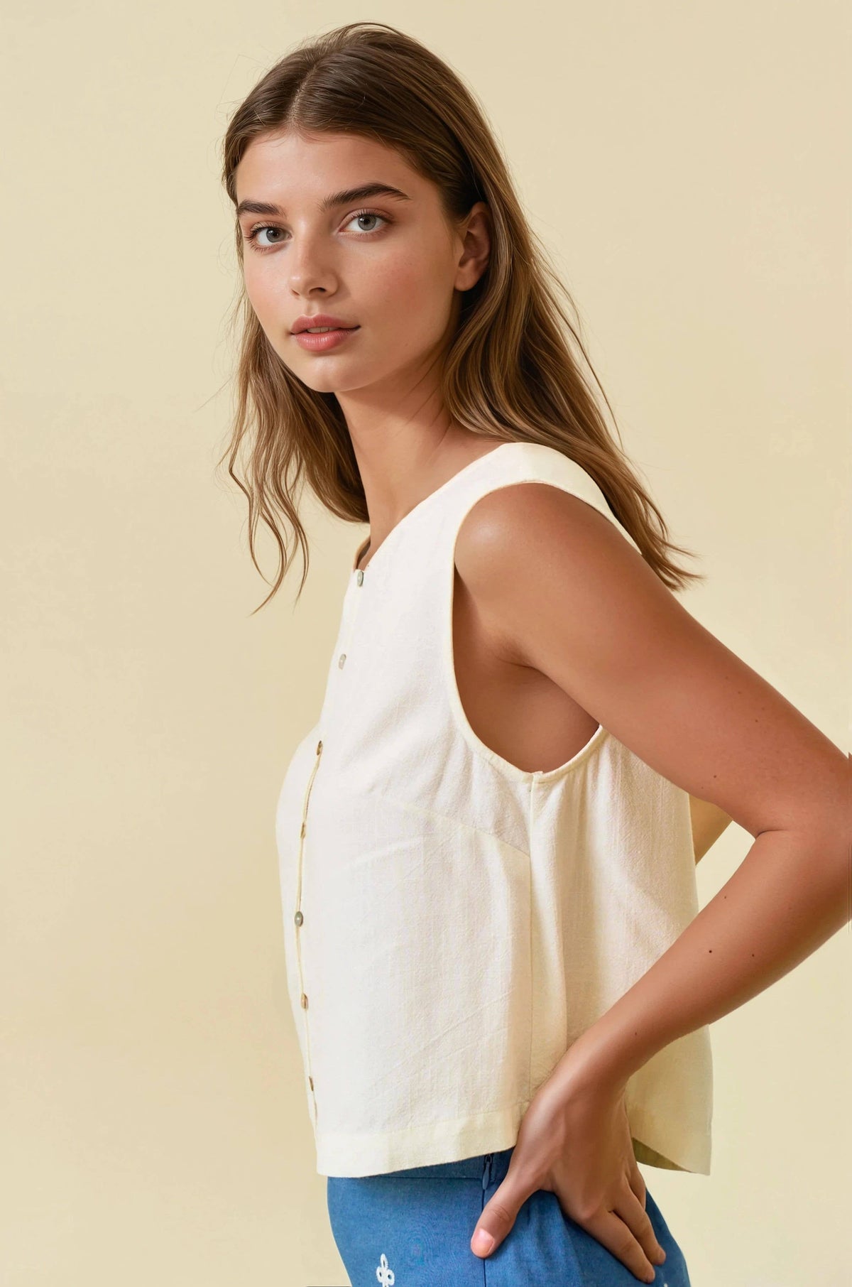 Lucienne Button Front Crop Tank: Ivory – Women’s Linen Blend Sleeveless Top