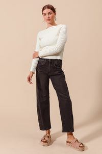Emery Barrel Leg Jeans – Mid Rise Black Denim with Side Panel Detail