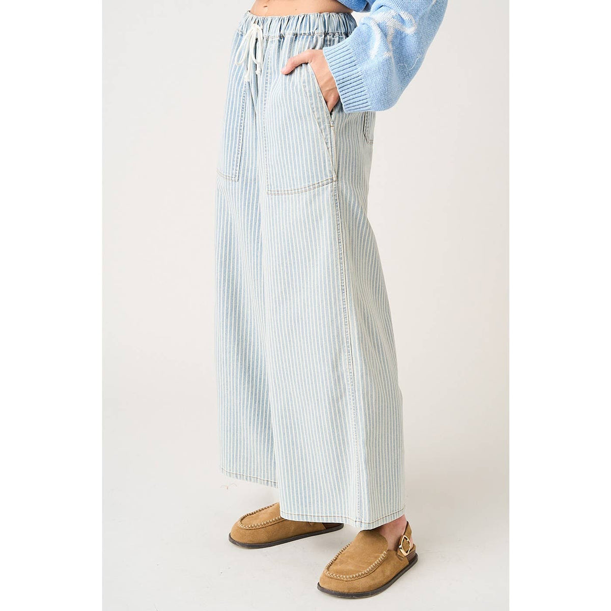 Maribel Striped Wide Leg Pants – Women’s Lightweight Drawstring Waist Casual Denim Pants