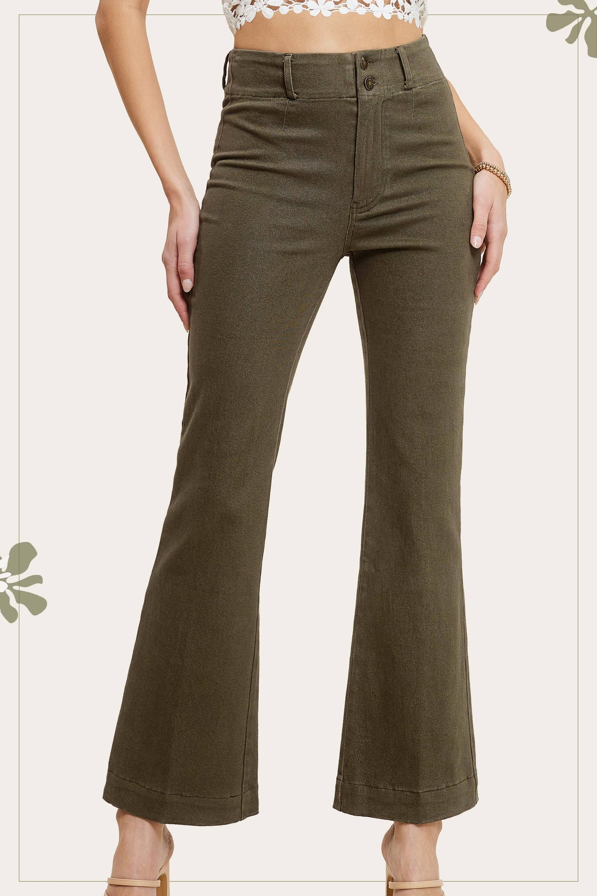 Olive High Rise Wide Leg Flare Pants – Soft Washed Stretch Denim