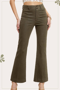 Olive High Rise Wide Leg Flare Pants – Soft Washed Stretch Denim