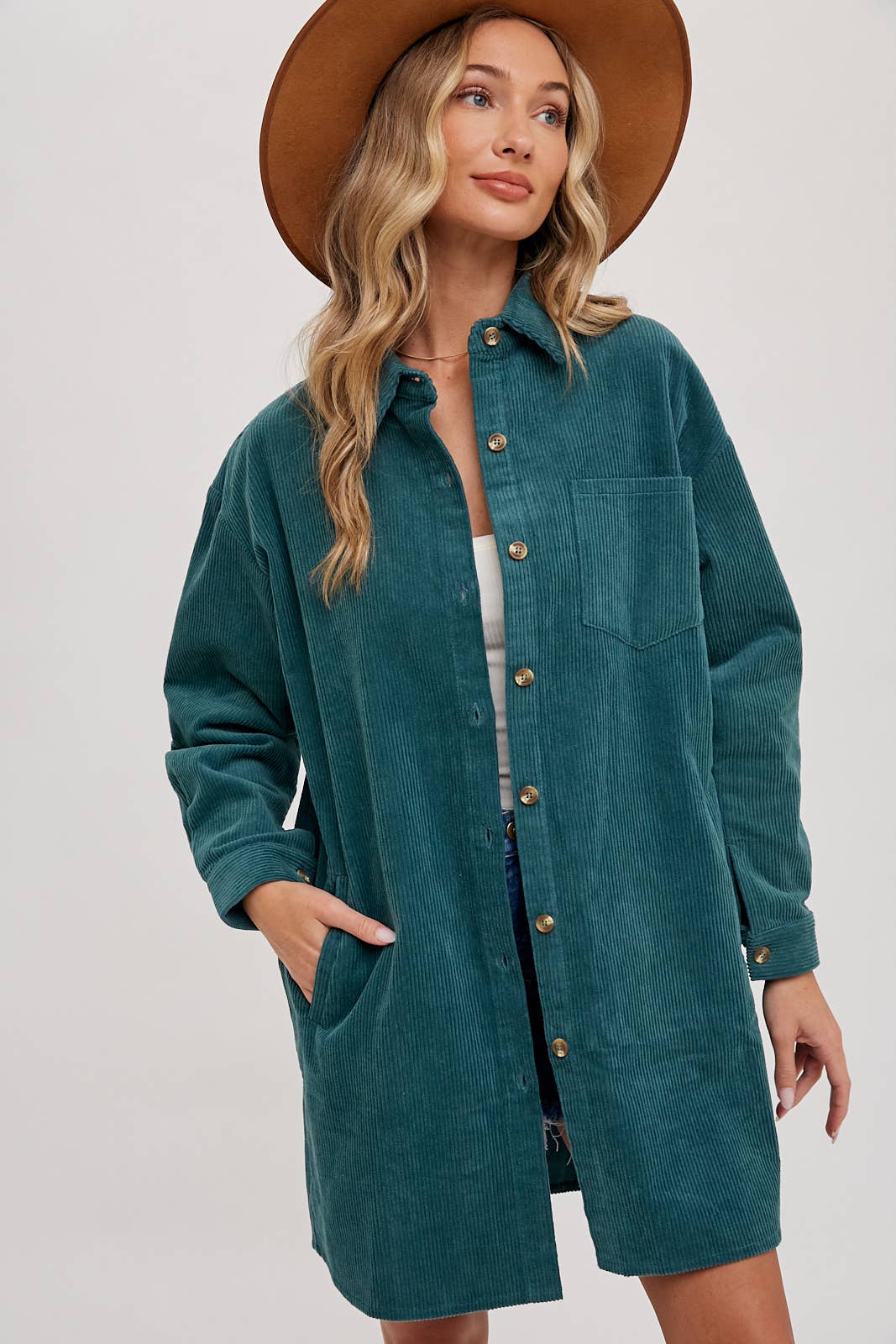 Clara Oversized Corduroy Jacket – Mocha Button-Down Shacket with Pockets