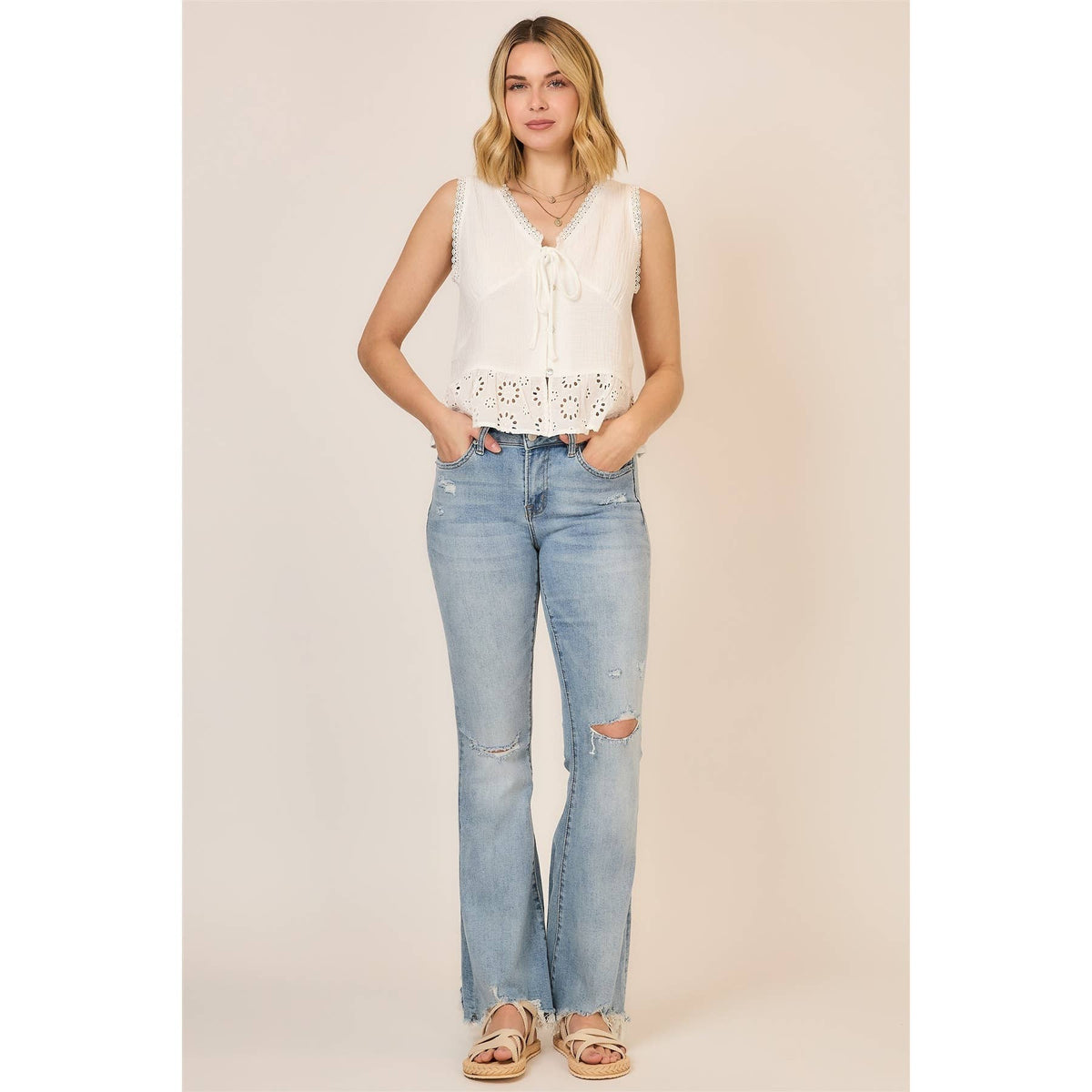 Ivory Eyelet Peplum Tie Front Top: Off White