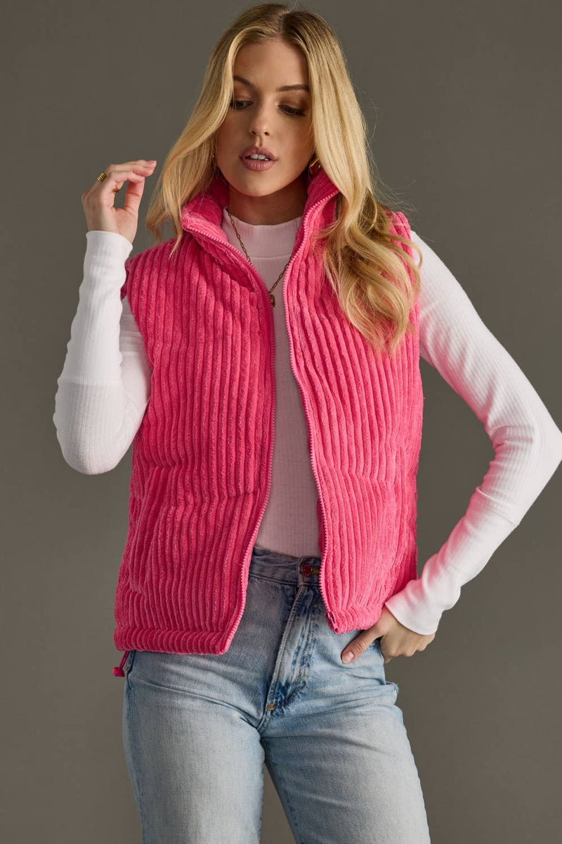 The Brynn Corduroy Puffer Vest – Hot Pink Quilted Layer with Pockets