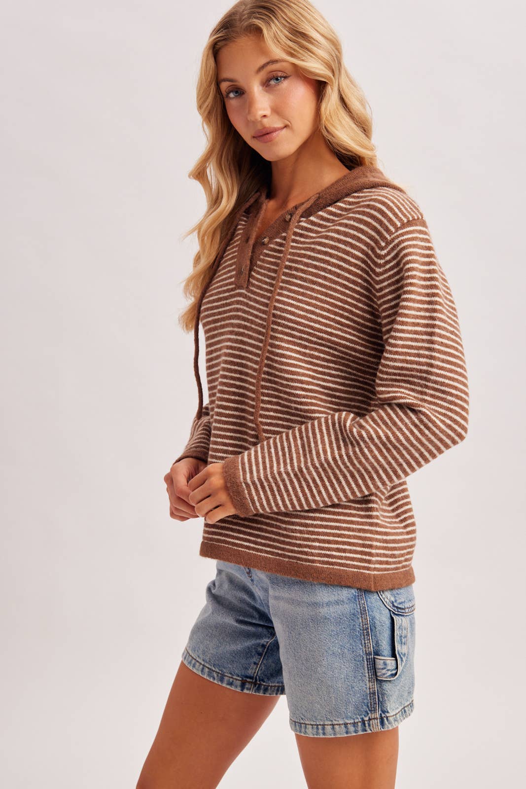 Off the Clock Striped Sweater Hoodie: Cocoa/Cream