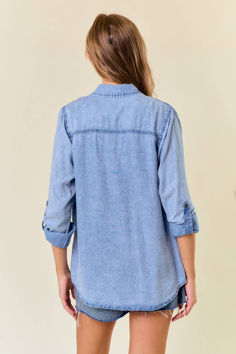 Willow Ridge Tencel Chambray Button Down Shirt: Light Wash – Soft Denim Utility Top for Women