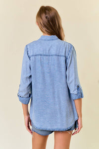 Willow Ridge Tencel Chambray Button Down Shirt: Light Wash – Soft Denim Utility Top for Women