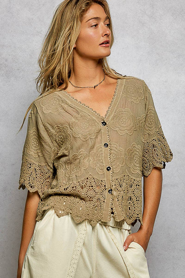 Selena Crochet Button-Front V-Neck Top