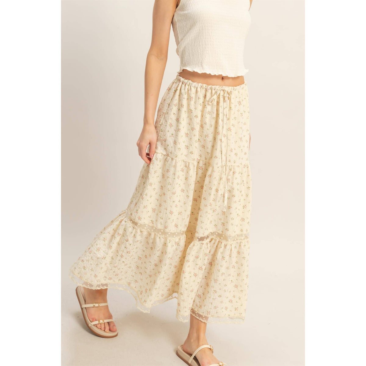 The Willow Lace Tiered Skirt: Cream/Brown Floral