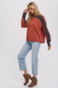 Sutton Contrast Sleeve Oversized Long Sleeve Top – Chestnut & Olive