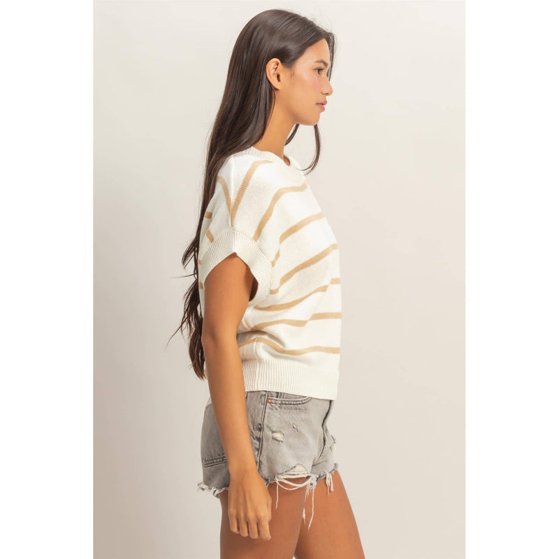 The Mariner Stripe Knit Top: White/Taupe
