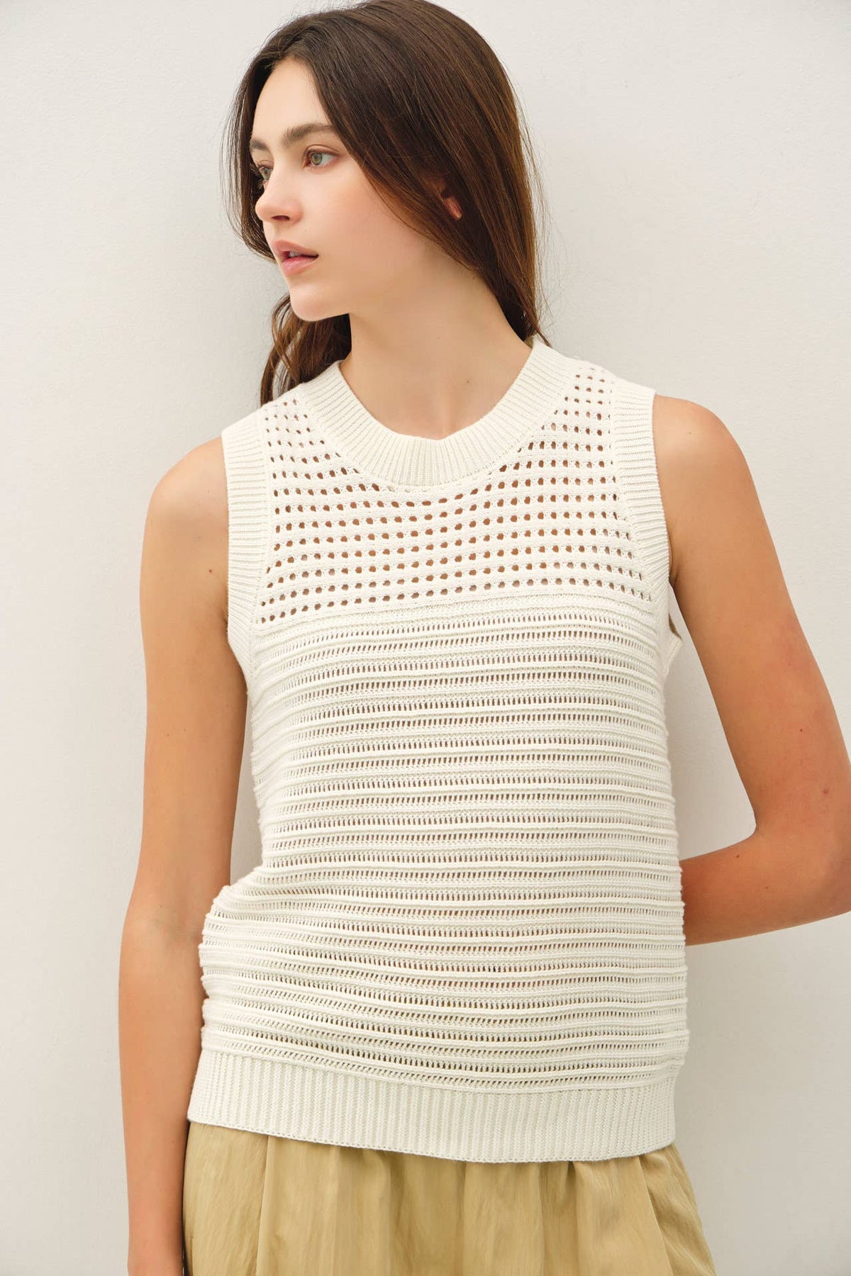 The Sienna Crochet Sweater Tank: Off White  – Sleeveless Textured Knit Cropped Top