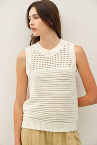 The Sienna Crochet Sweater Tank: Off White  – Sleeveless Textured Knit Cropped Top