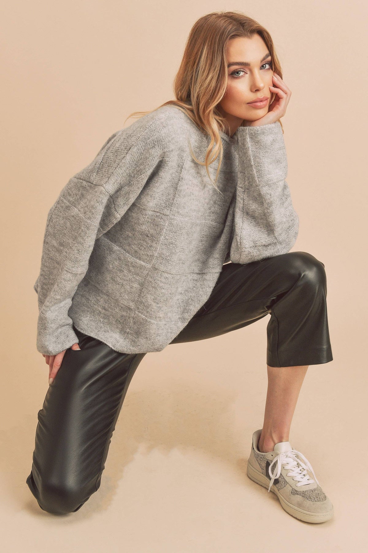 Ryleigh Patchwork Mock Neck Sweater: Heather Grey – Cozy Oversized Winter Knit
